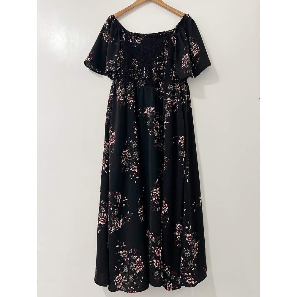 BloomChic Black Floral Maxi Dress Smocked Off Shoulder Short‎ Sleeve US 12 UK 16